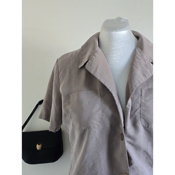 Anna Vintage 1970s 70s Rayon Tan Short Sleeve Fitted Button Up Shirt Blouse L - Picture 3 of 9